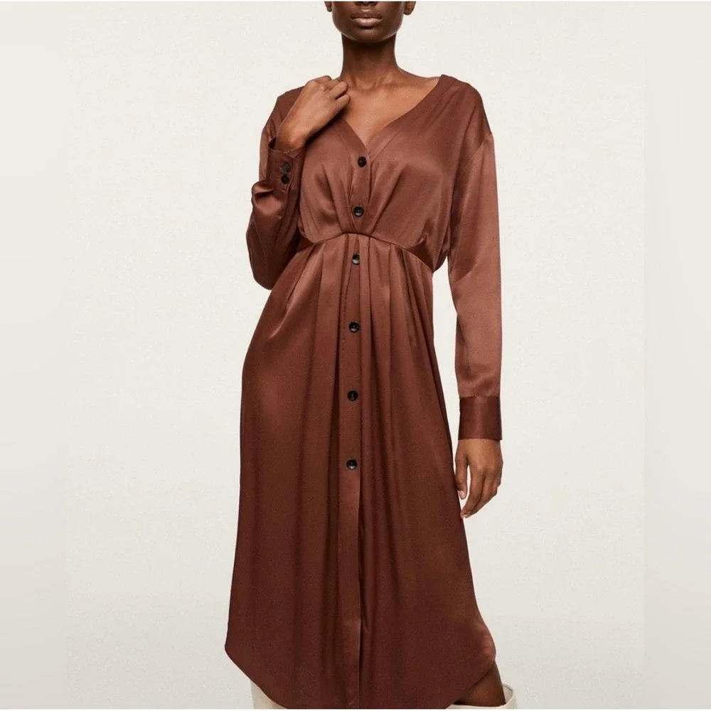 MNG Brown Satin Long Sleeve Button Front Midi Shirt Dress Size S - Picture 1 of 11